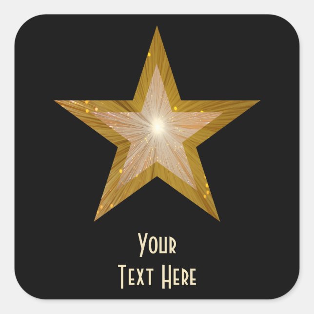 "Gold" Star 'Your Text' square sticker black (Front)