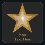 Gold Star 'Your Text' square sticker black<br><div class="desc">Modern design with a shining, sparkling gold and white star on a black background. Sticker with a gold and white customisable design for you to personalise with your own background colour, text, images and ideas. The text can easily be changed using the template provided or click the 'Customise It' button...</div>