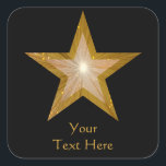 Gold Star 'Your Text' square sticker black<br><div class="desc">Modern design with a shining, sparkling gold and white star on a black background. Sticker with a gold and white customisable design for you to personalise with your own background colour, text, images and ideas. The text can easily be changed using the template provided or click the 'Customise It' button...</div>