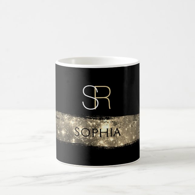 Gold Stardust Brush Stroke, Monogram & Name Coffee Mug (Center)