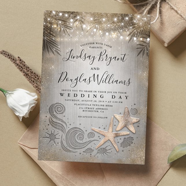Gold Starfish Couple Tropical Beach Wedding Invitation (Creator Uploaded)