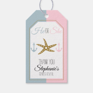 Gold Starfish with Pink, Blue Anchor Gender Reveal Gift Tags