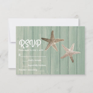 Gold Starfish & Wood Elegant Beach RSVP Card