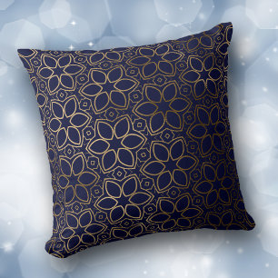 Gold Starflower Pattern on Blue Throw Pillow