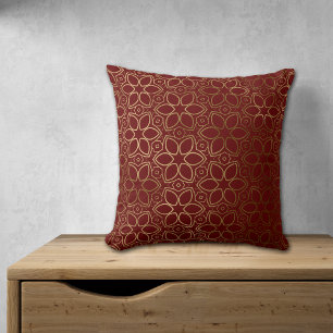 Gold Starflower Pattern on Maroon Red Throw Pillow