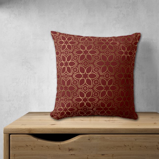 Gold Starflower Pattern on Maroon Red Throw Pillow (Creator Uploaded)