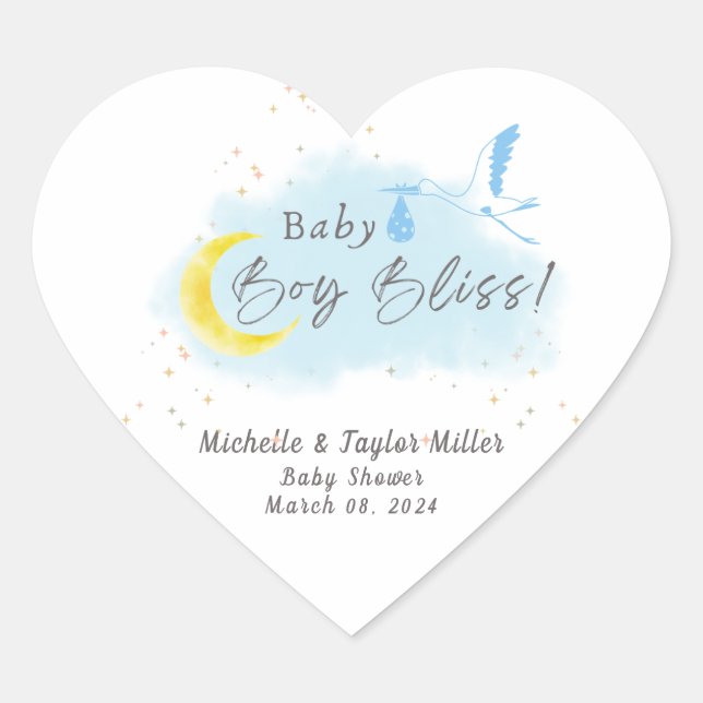 Gold Starlit Baby Boy Bliss Stork Special Delivery Heart Sticker (Front)