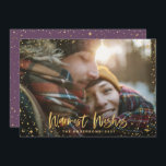 Gold stars 1 photo purple Christmas modern Holiday Card<br><div class="desc">Gold star Season's greetings Christmas 1 photo holiday card. With a script text and gold effect design,  purple back ground color can be change to suit your style.</div>