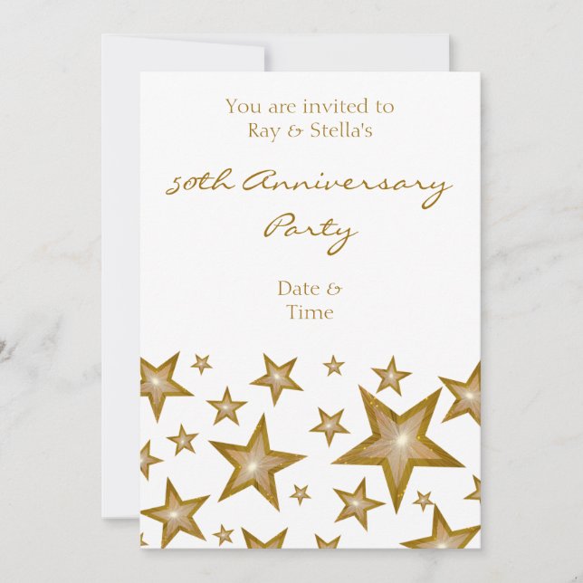 Gold Stars '50th Anniversary' vertical white Invitation (Front)