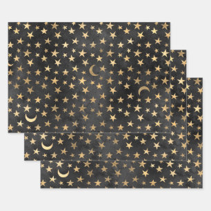 Gold Stars and Moons on Black Wrapping Paper Sheet