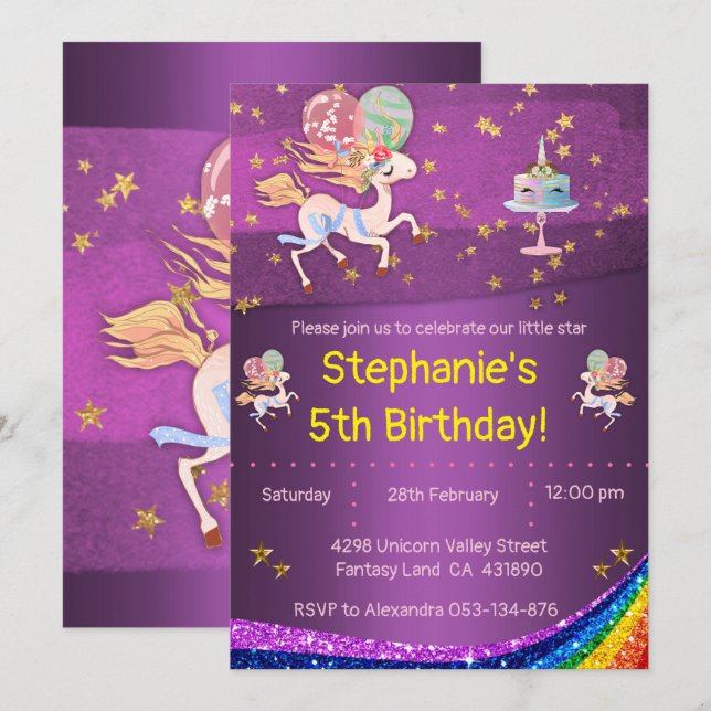 Gold Stars and Purple Unicorn Birthday Invitation (Front/Back)