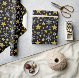 Gold Stars and Silver Snowflakes Black Background Wrapping Paper