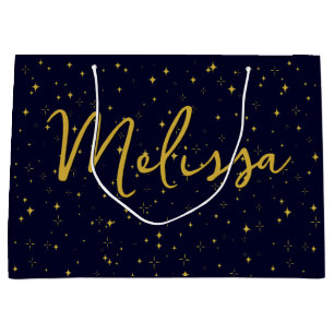 Gold Stars and Sparkles Personalized Dark Blue Large Gift Bag
