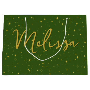 Gold Stars and Sparkles   Personalized Green Large Gift Bag
