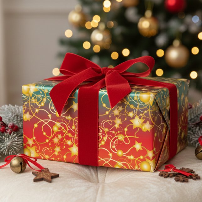 Gold Stars and Strings on Red/Orange/Green Ombre Wrapping Paper Sheet (Creator Uploaded)