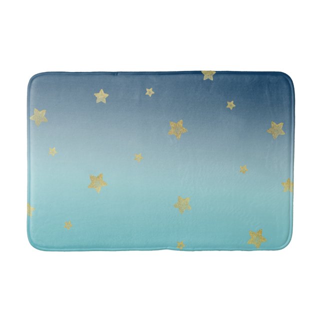 Gold Stars Aqua Blue Ombre Bath Mat (Front)
