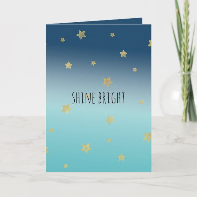Gold Stars Aqua Blue Ombre personalised quote Card (Front)