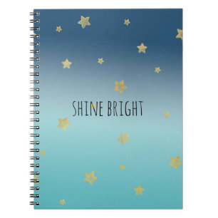 Gold Stars Aqua Blue Ombre personalized quote Notebook