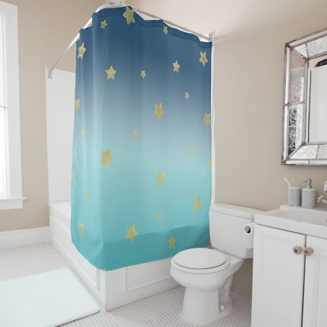 Gold Stars Aqua Blue Ombre Shower Curtain (In Situ)
