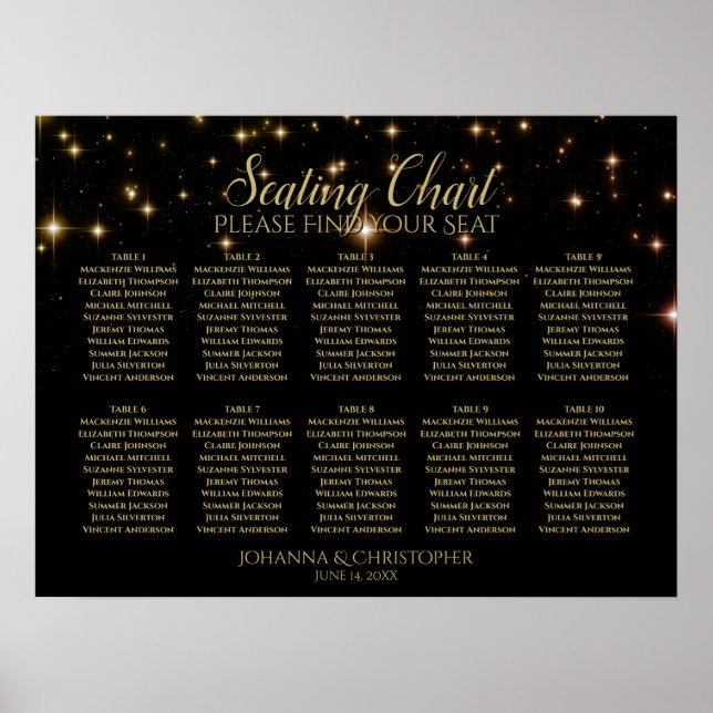 Gold Stars Black 10 Table Wedding Seating Chart (Front)