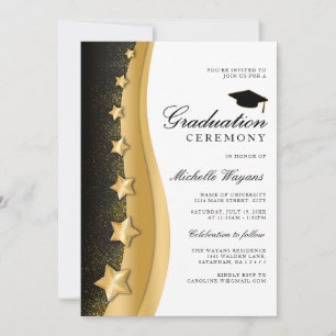 Gold Stars Black Graduation Ceremony & Party Invitation