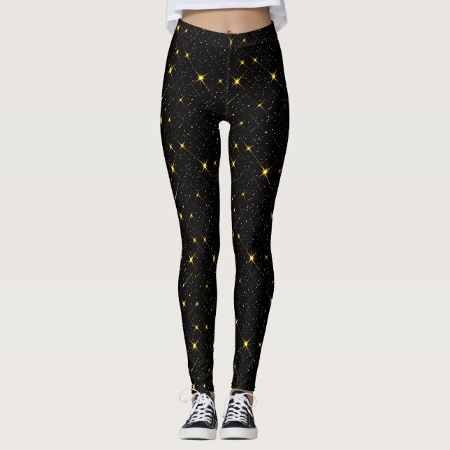 Gold Stars Black Sky Trendy Starry Pattern Leggings (Front)