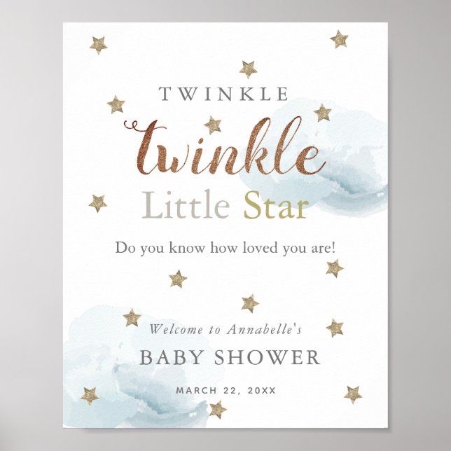 Gold Stars & Blue Clouds Baby Shower Welcome  Poster (Front)