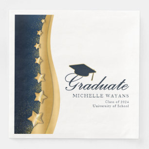 Gold Stars Blue Hat Graduation Party Napkin