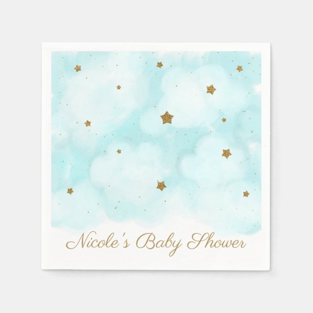Gold Stars & Blue Sky Clouds Baby Shower Party Napkin (Front)