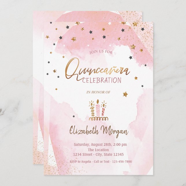 Gold Stars,Candles Ombre Quinceanera Invitation (Front/Back)