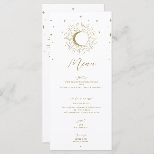 Gold Stars Celestial Sunburst Moon Wedding Menu (Front/Back)