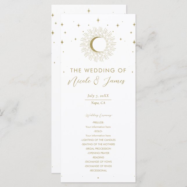Gold Stars Celestial Sunburst Moon Wedding Program Menu (Front/Back)