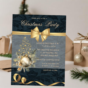 Gold Stars Christmas Tree Bow Ball Christmas Party Invitation