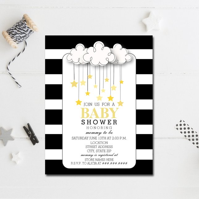 Gold Stars Cloud Black + White Neutral Baby Shower Invitation (Creator Uploaded)