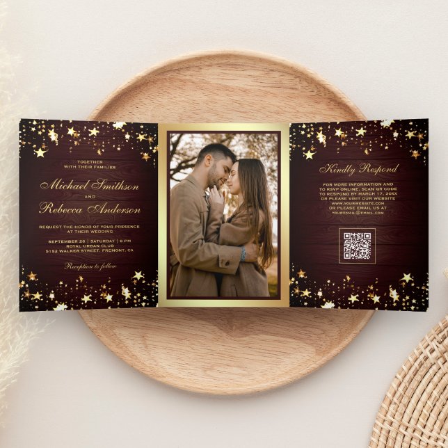 Gold Stars Confetti Barn Wood QR Code Wedding Tri-Fold Invitation (Creator Uploaded)