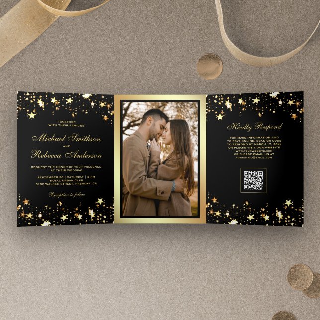 Gold Stars Confetti Black QR Code Wedding Tri-Fold Invitation (Creator Uploaded)