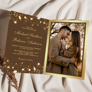 Gold Stars Confetti Brown QR Code Wedding Invitation