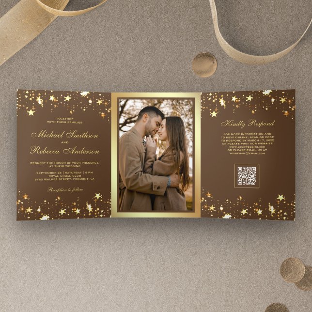 Gold Stars Confetti Dark Brown QR Code Wedding Tri-Fold Invitation (Creator Uploaded)