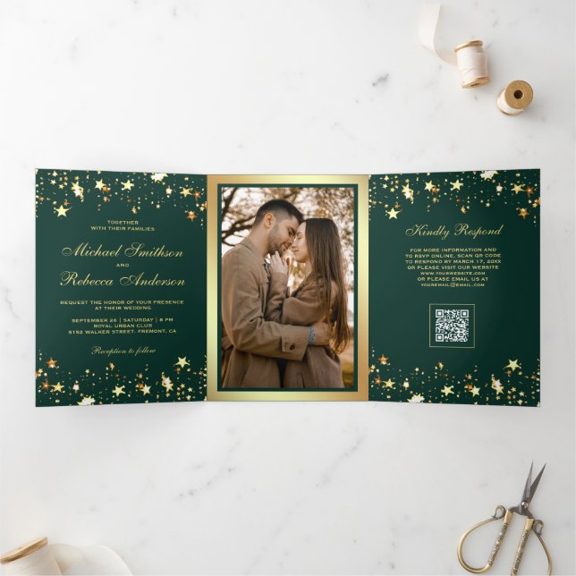 Gold Stars Confetti Emerald Green QR Code Wedding Tri-Fold Invitation (Inside)