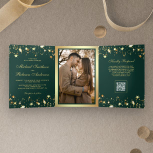 Gold Stars Confetti Emerald Green QR Code Wedding Tri-Fold Invitation