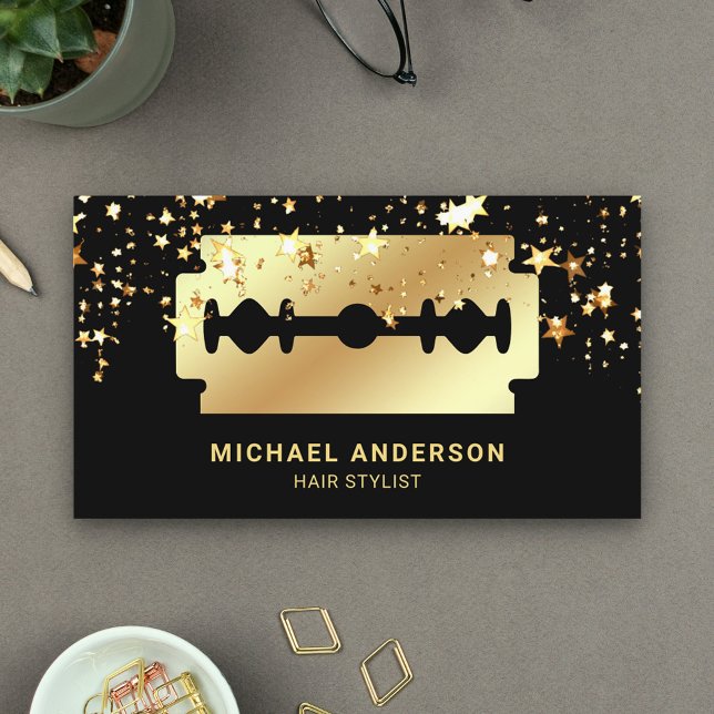 Gold Stars Confetti Gold Razor Blade Hair Stylist Business Card (Creator Uploaded)