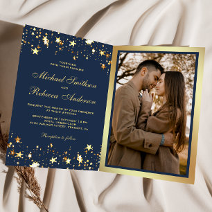 Gold Stars Confetti Navy Blue QR Code Wedding Invitation