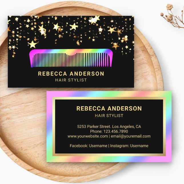 Gold Stars Confetti Rainbow Comb Hair Stylist Business Card (Creator Uploaded)