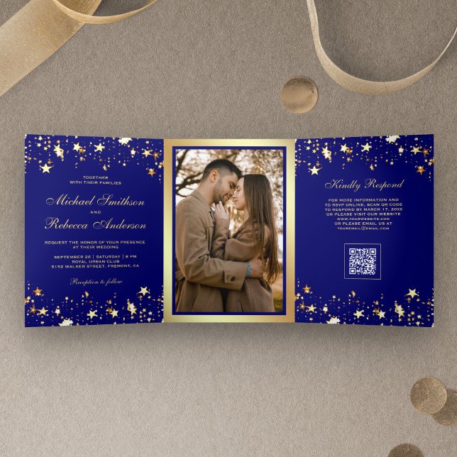 Gold Stars Confetti Royal Blue QR Code Wedding Tri-Fold Invitation (Creator Uploaded)