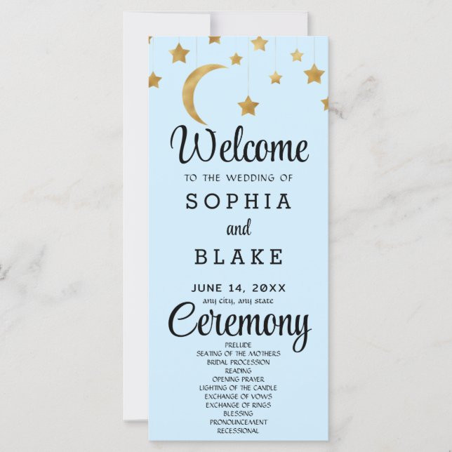 Gold Stars Crescent Moon Blue Wedding Program (Front)