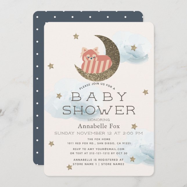 Gold Stars & Crescent Moon Red Panda Baby Shower Invitation (Front/Back)