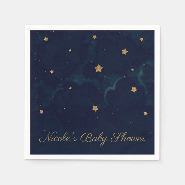 Gold Stars Dark Blue Night Sky Baby Shower Party Napkin (Front)