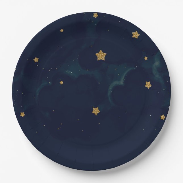 Gold Stars Dark Blue Night Sky Baby Shower Party Paper Plate (Front)
