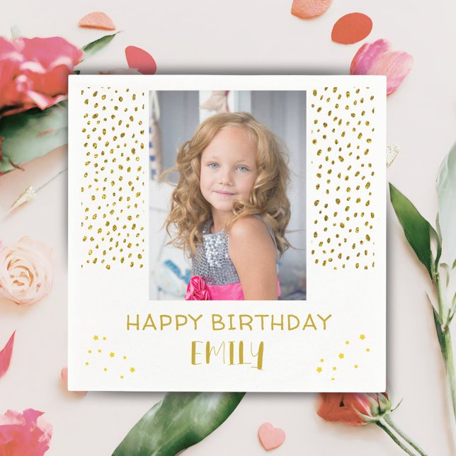 Gold Stars Faux Glitter Birthday Kids Girl Photo Napkin (Creator Uploaded)