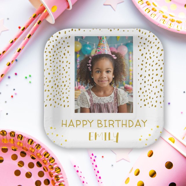 Gold Stars Faux Glitter Birthday Kids Girl Photo Paper Plate (Creator Uploaded)
